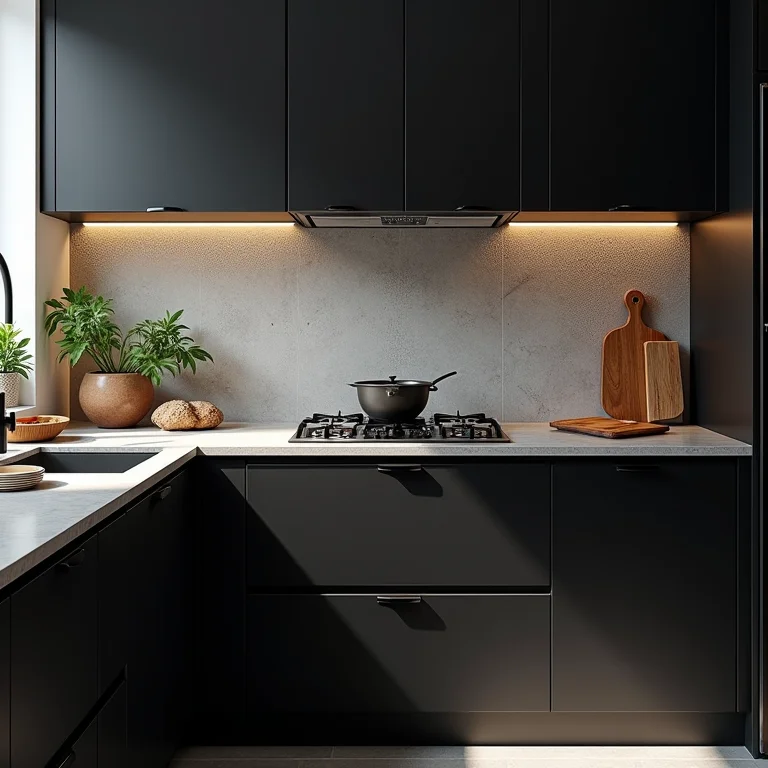 Cozinha com ventilação inadequada, mostrando condensação nos armários pretos e danos causados pela umidade.