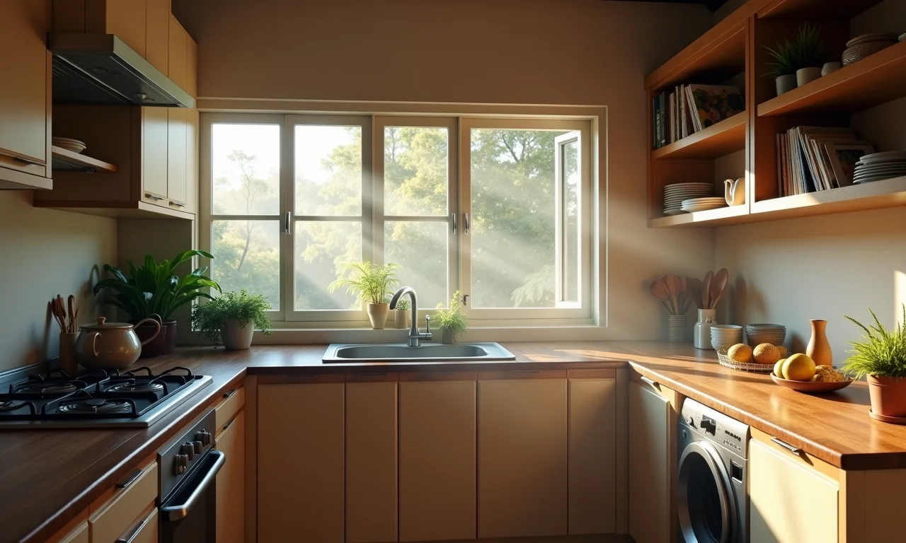 Cozinha com ventilação insuficiente, janelas embaçadas e umidade.