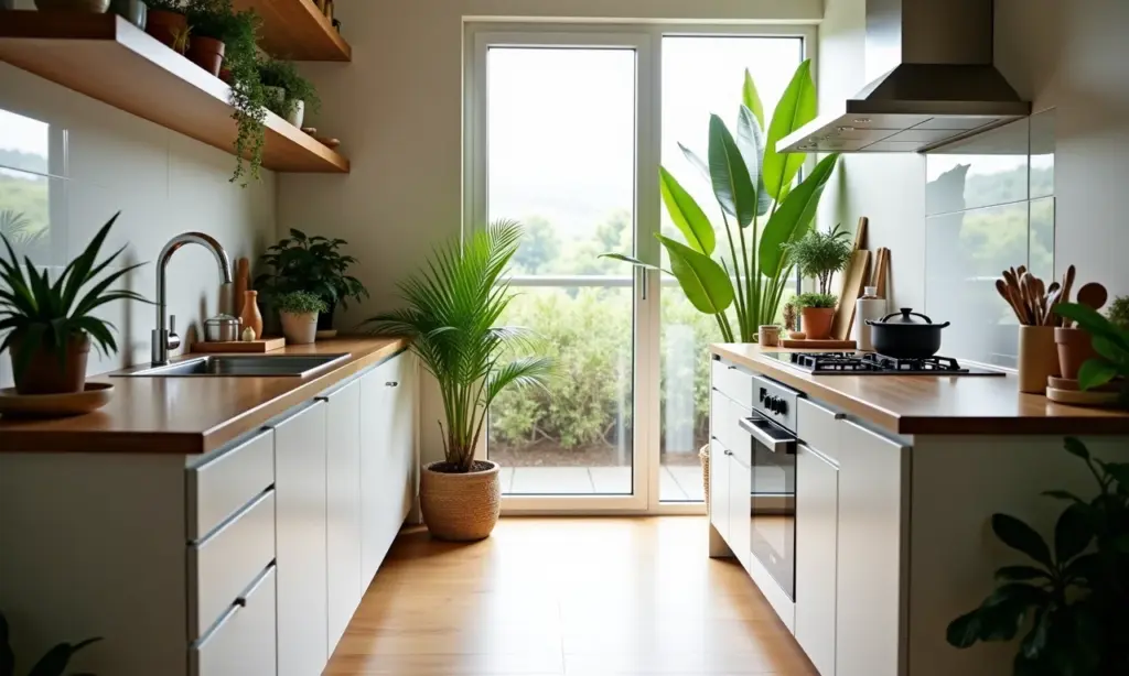 Cozinha corredor bem iluminada com design inteligente e decoração brasileira.