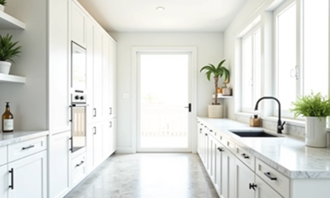 Cozinha corredor toda branca, transmitindo amplitude e limpeza.