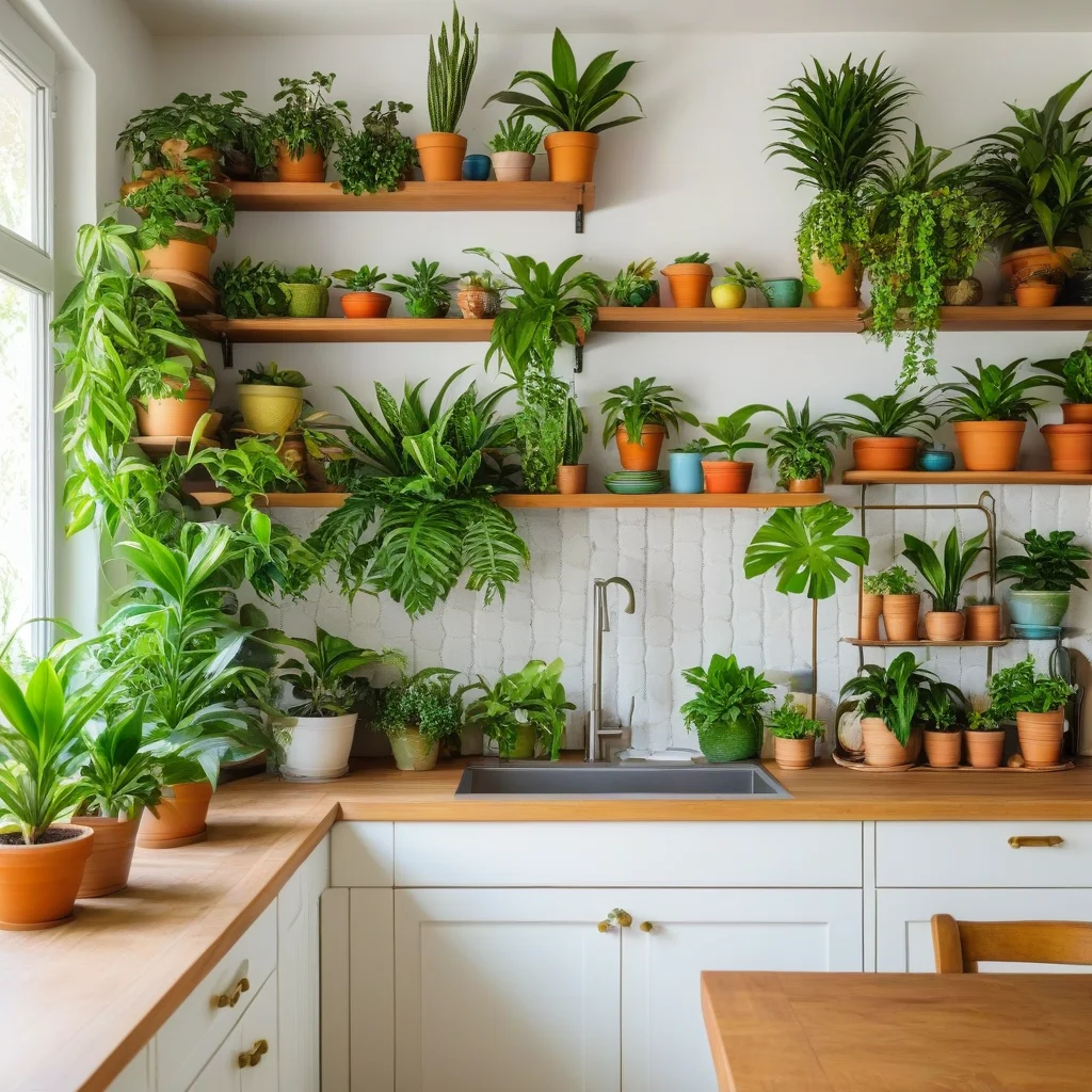 Cozinha decorada com plantas e flores