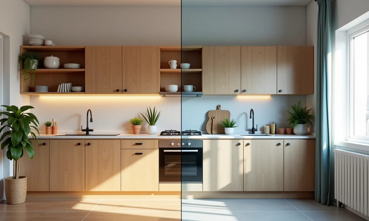 Cozinha em reforma, mostrando diferentes estágios de renovação e tipos de reforma.