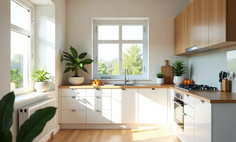 Cozinha escandinava clara com armários brancos e detalhes em madeira clara.