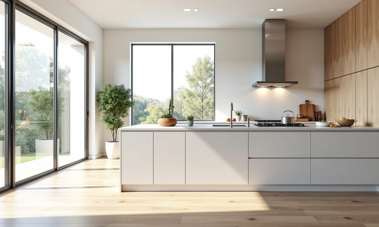 Cozinha escandinava com iluminação natural abundante, criando um ambiente arejado.