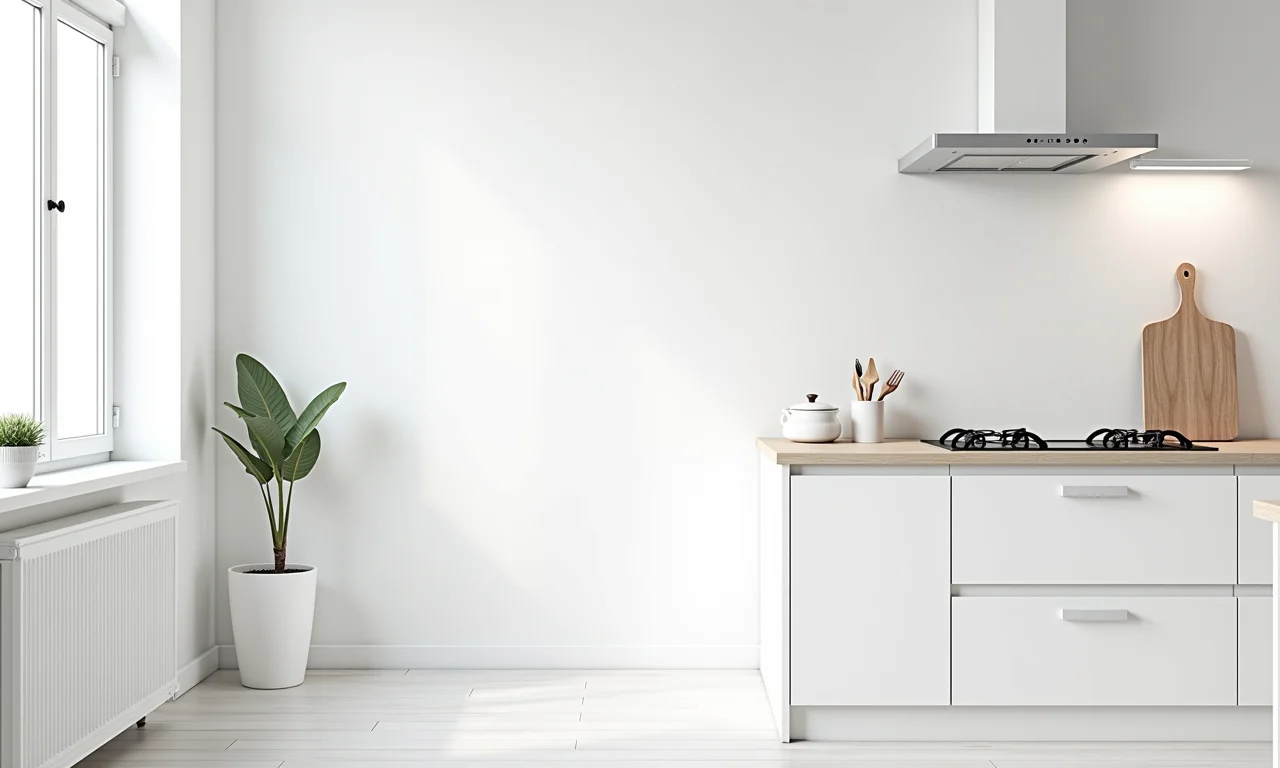 Cozinha escandinava com predominância do branco, criando um ambiente clean e luminoso.