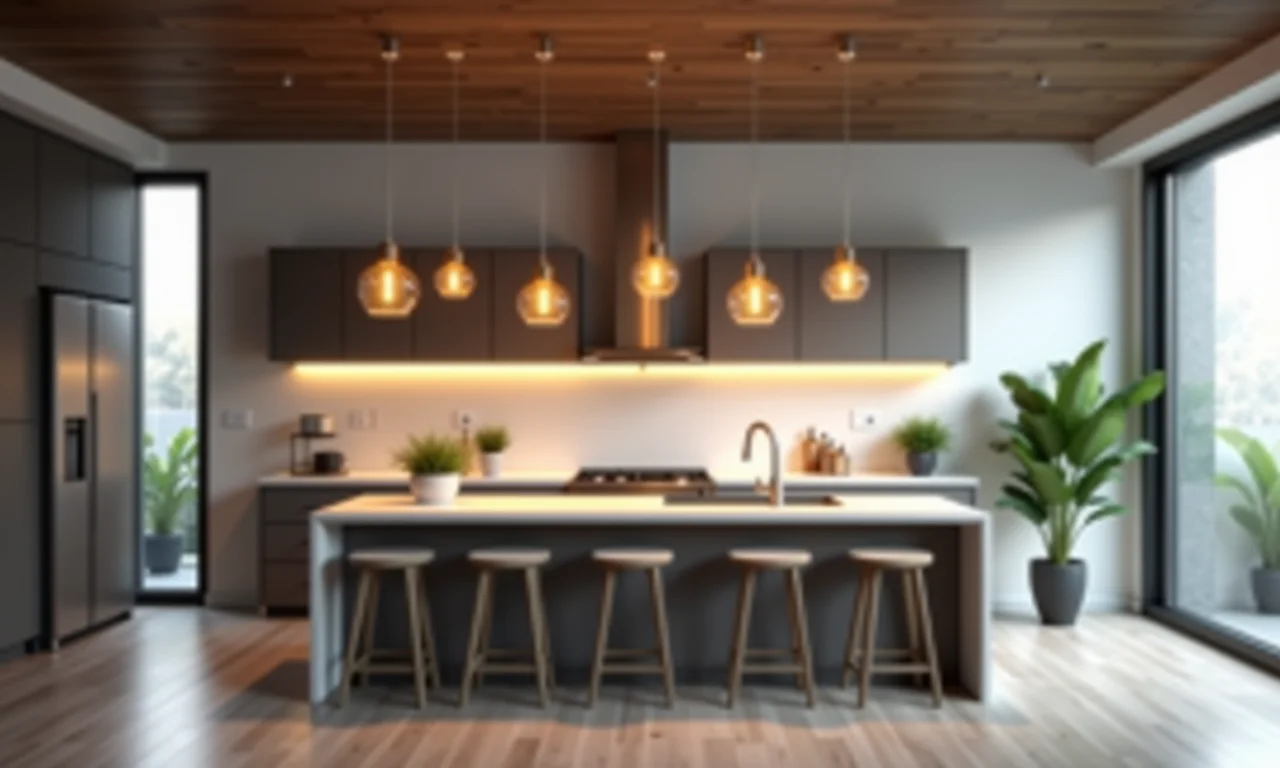 Cozinha espaçosa com pendentes de diferentes tamanhos.