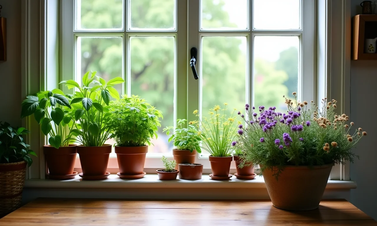 Cozinha farmhouse com ervas em vasos e flores silvestres na mesa.