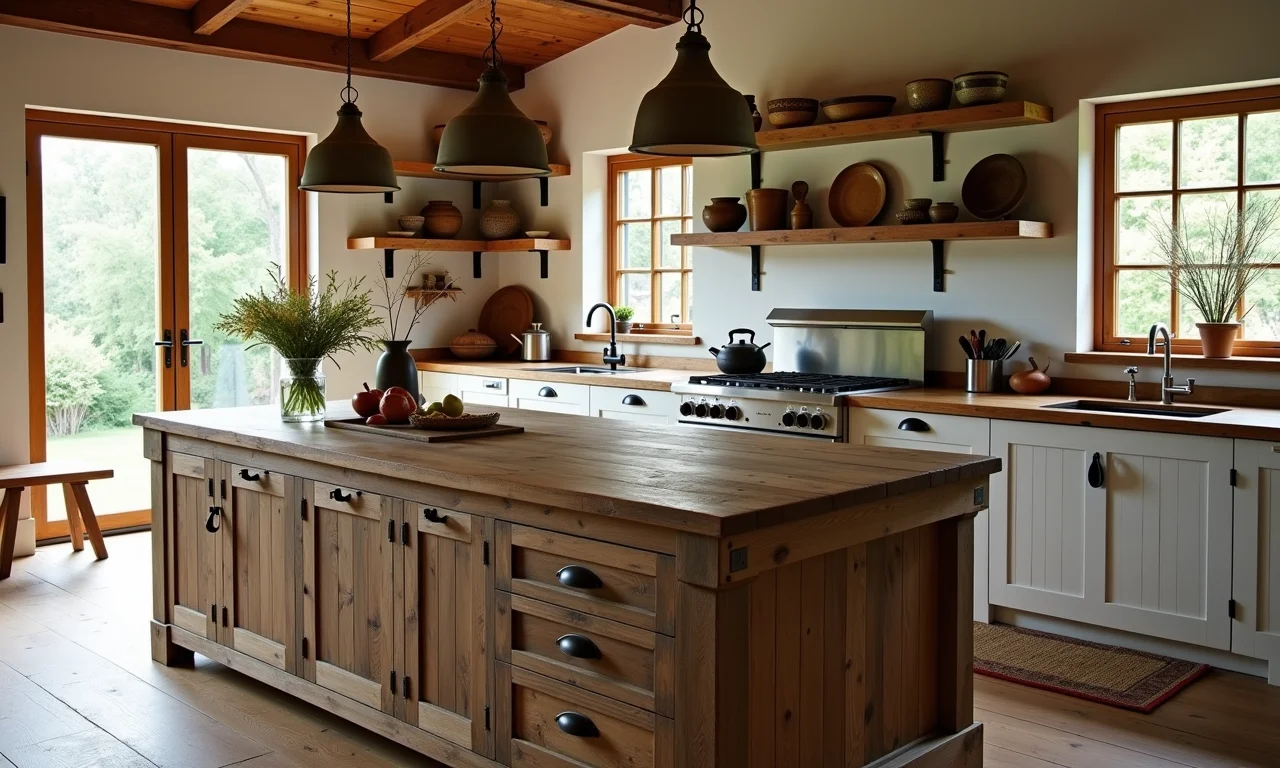 Cozinha farmhouse com ilha de madeira rústica e detalhes em cerâmica brasileira.
