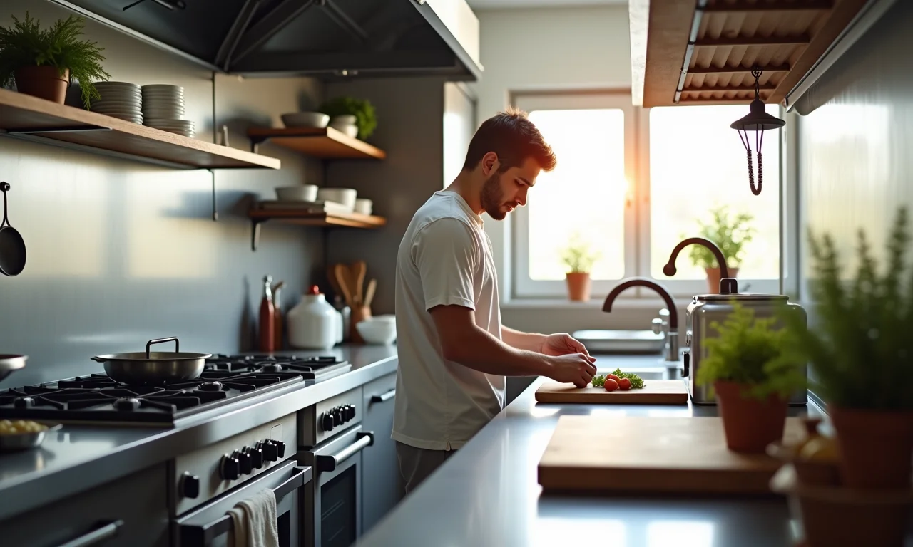 Cozinha funcional com bancada de inox e layout otimizado.