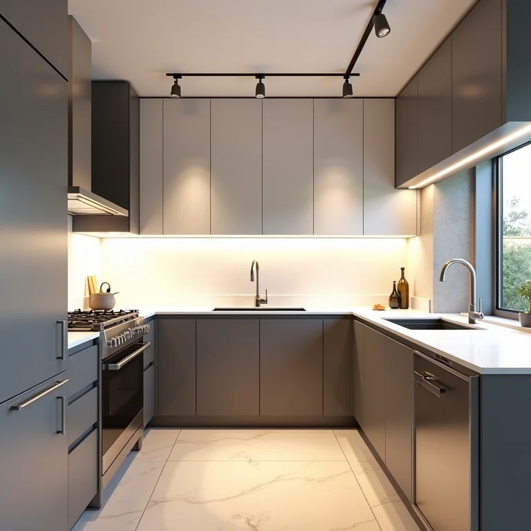 Cozinha funcional com iluminação de trilho