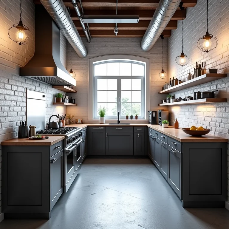 Cozinha industrial com parede de tijolinho branco e detalhes em metal