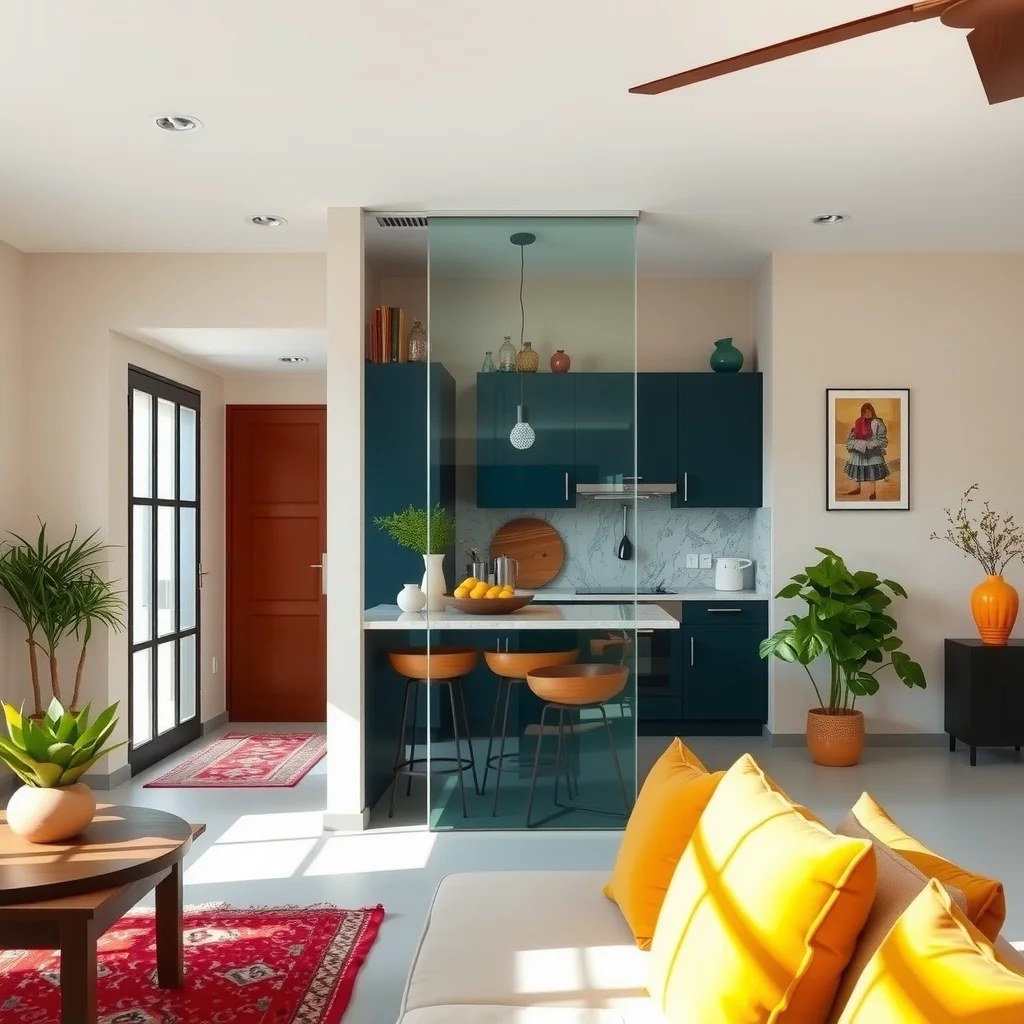 Cozinha integrada com a sala através da porta de vidro.