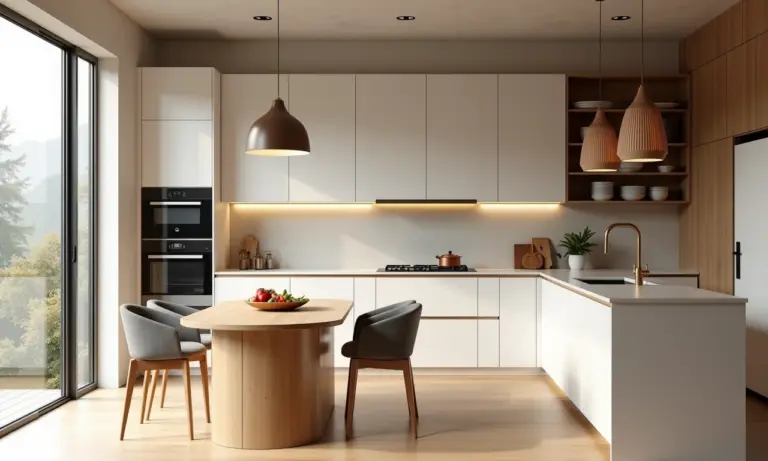 Cozinha Japandi com design minimalista e iluminação natural.