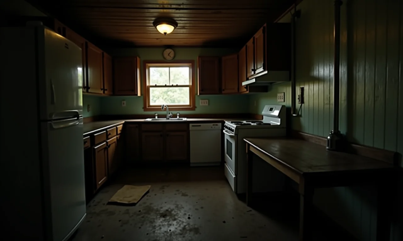 Cozinha mal iluminada, com cantos escuros e iluminação inadequada.