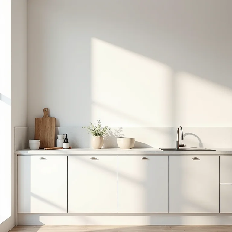 Cozinha minimalista com linhas limpas e luz natural.