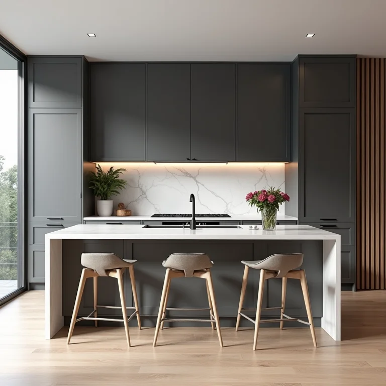 Cozinha moderna com armários cinza e madeira, valorizando o imóvel.