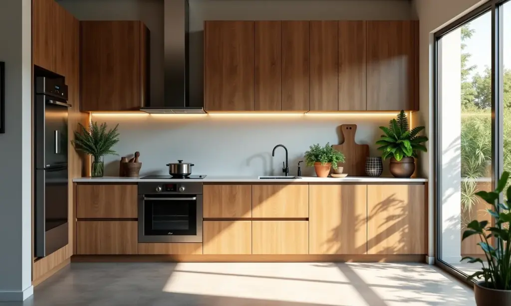 Cozinha moderna com armários de madeira e portas de vidro, iluminação natural e plantas.