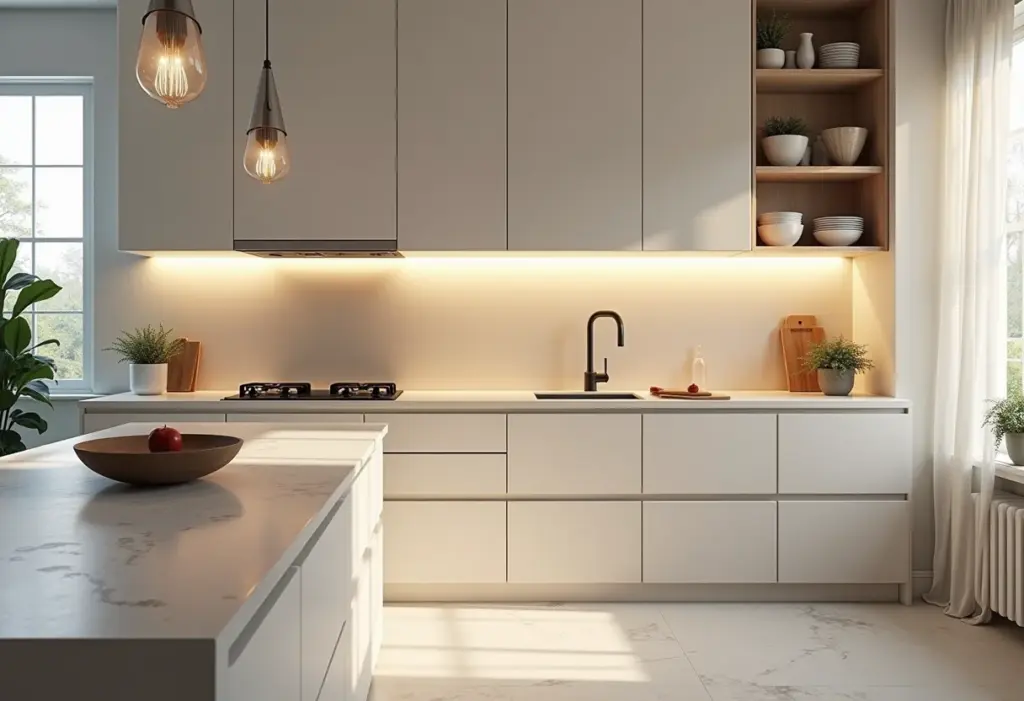 Cozinha moderna com armários elegantes e respingos de água, representando a durabilidade dos materiais.