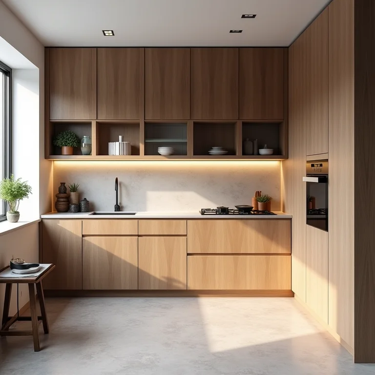 Cozinha moderna com armários feitos de painéis Arauco em diversas cores e texturas.