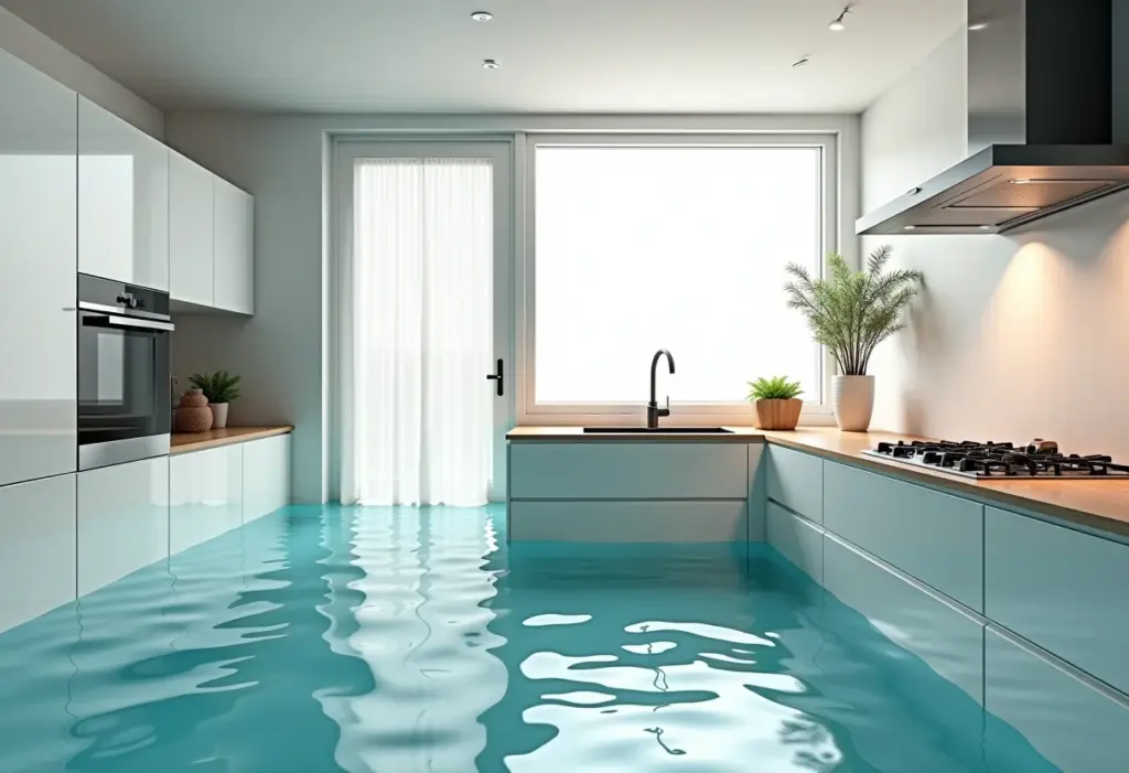 Cozinha moderna com armários parcialmente submersos em água, demonstrando a resistência dos materiais.