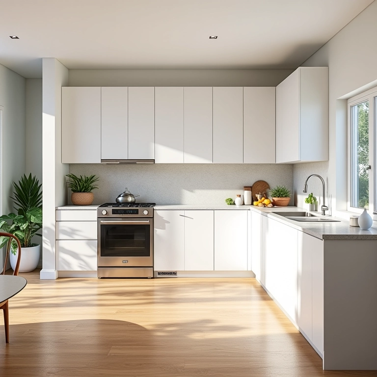 Cozinha moderna com armários planejados brancos.