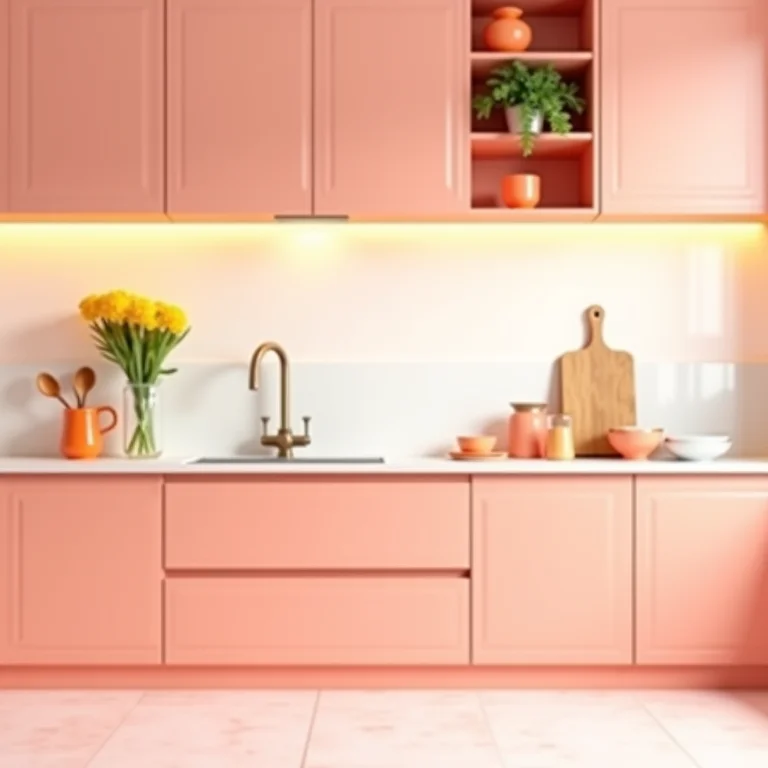 Cozinha moderna com armários rosa, utensílios laranja e flores amarelas.