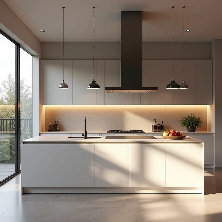 Cozinha moderna com backsplash e bancadas de granilite.