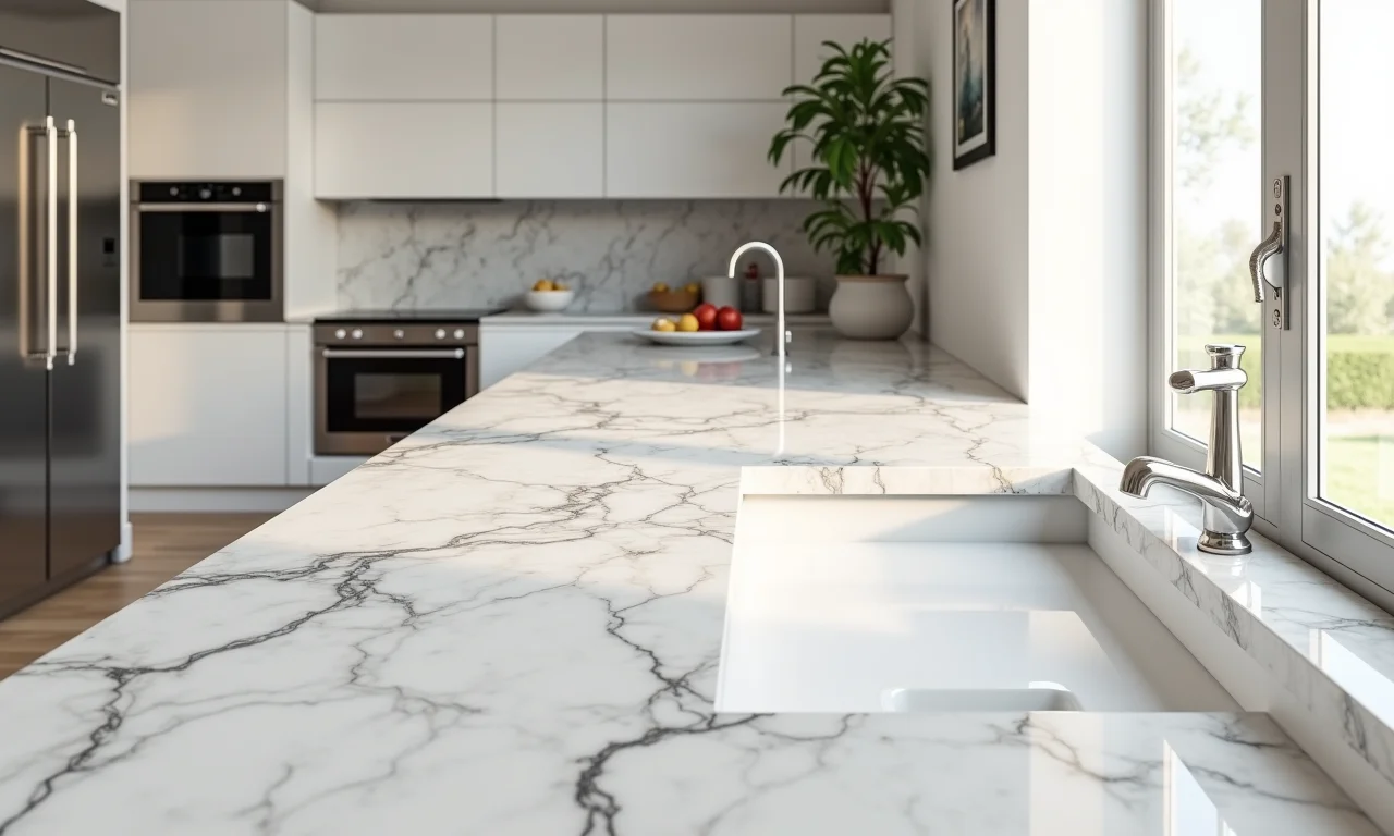 Cozinha moderna com bancada de porcelanato Calacatta: beleza e funcionalidade.