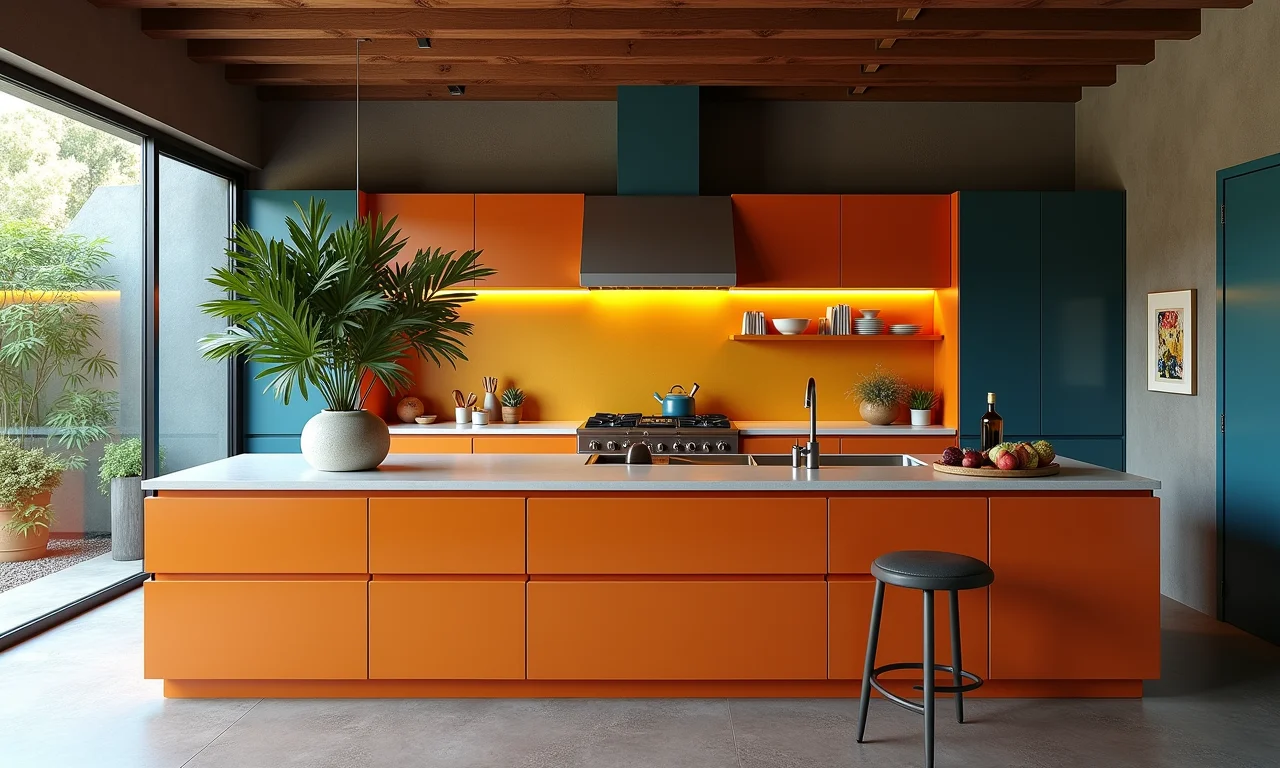 Cozinha moderna com bancada de quartzo colorida, estilo Farm Rio, design brasileiro.