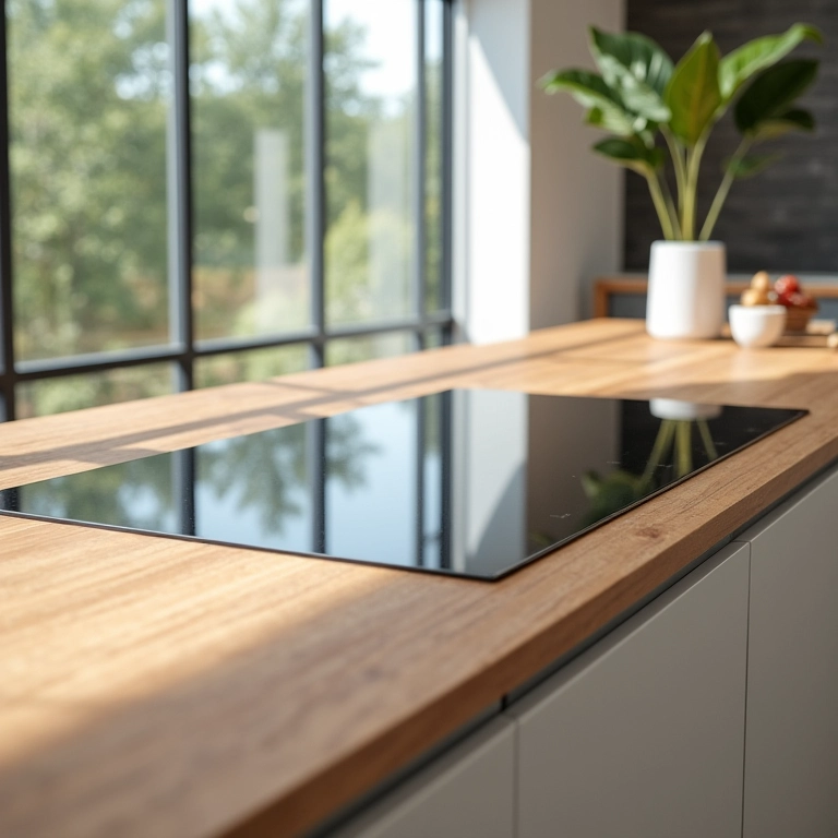 Cozinha moderna com cooktop embutido de aço inoxidável.