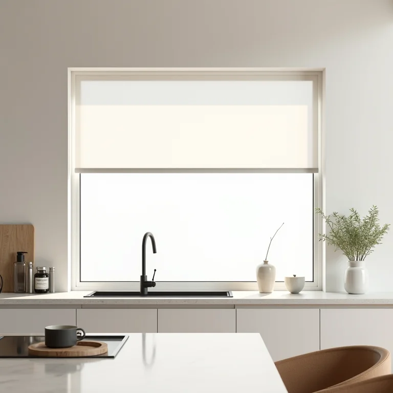 Cozinha moderna com cortina rolô funcional.