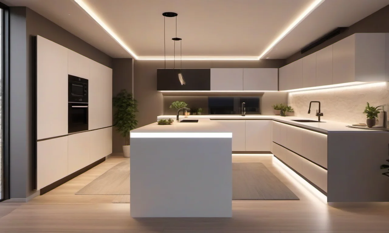 Cozinha moderna com fitas de LED sob os armários.