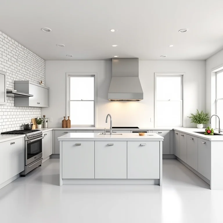 Cozinha moderna com ilha central e detalhes em tijolinho branco