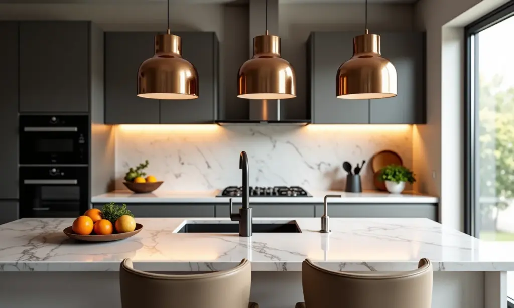 Cozinha moderna com ilha e pendentes estilosos.