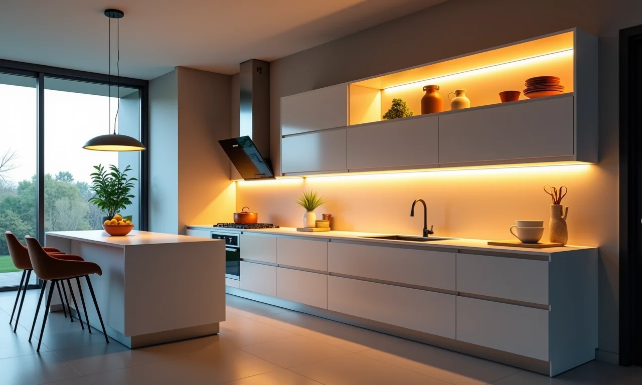 Cozinha moderna com iluminação de perfil de LED sob os armários.