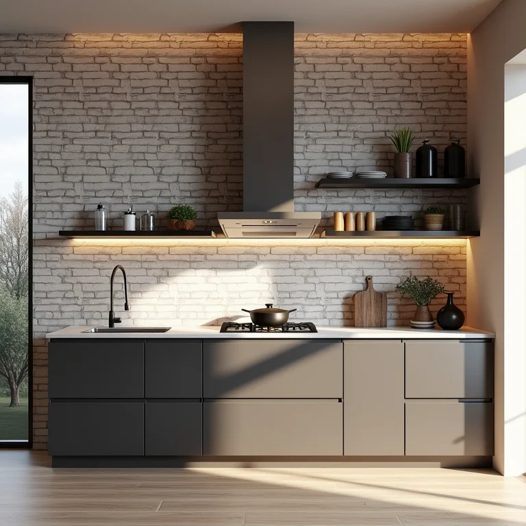 Cozinha moderna com papel de parede 3D imitando textura de tijolos.