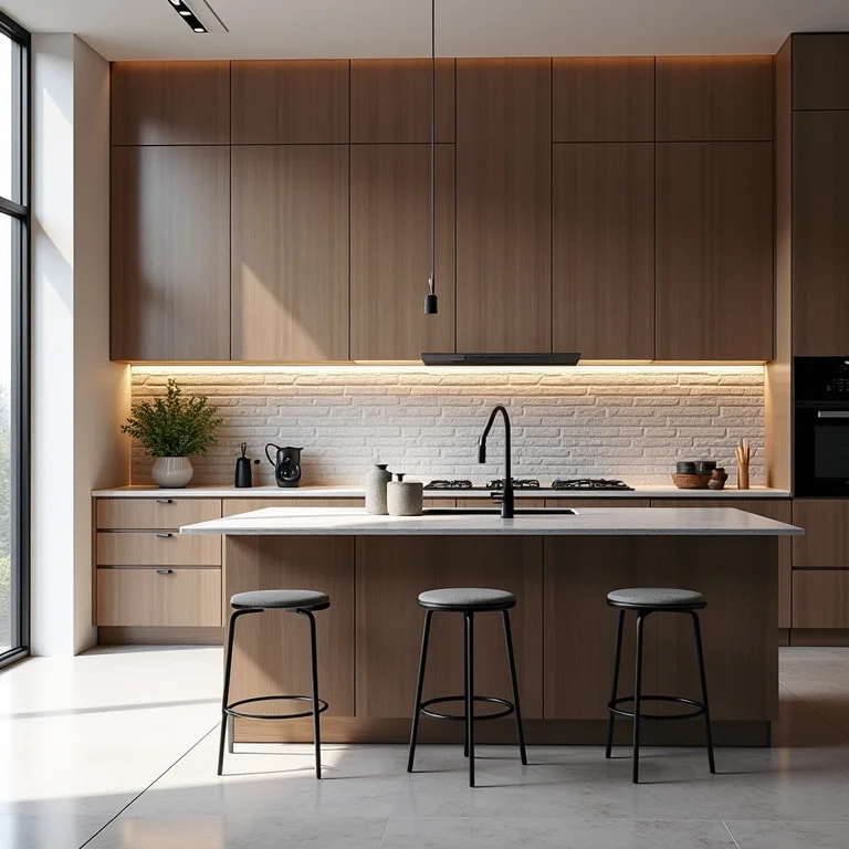 Cozinha moderna com papel de parede 3D imitando tijolos.