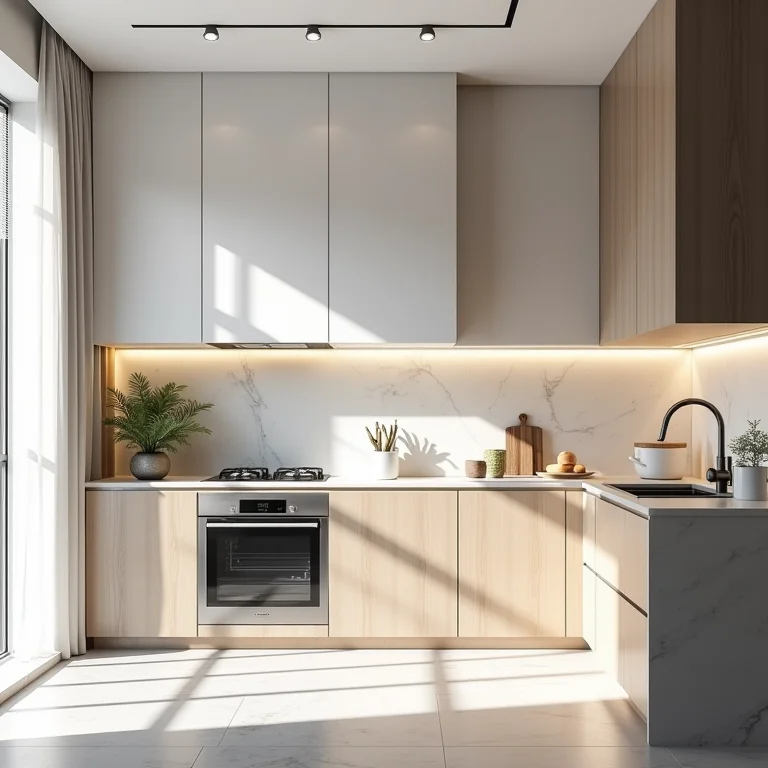 Cozinha moderna com papel de parede 3D minimalista.