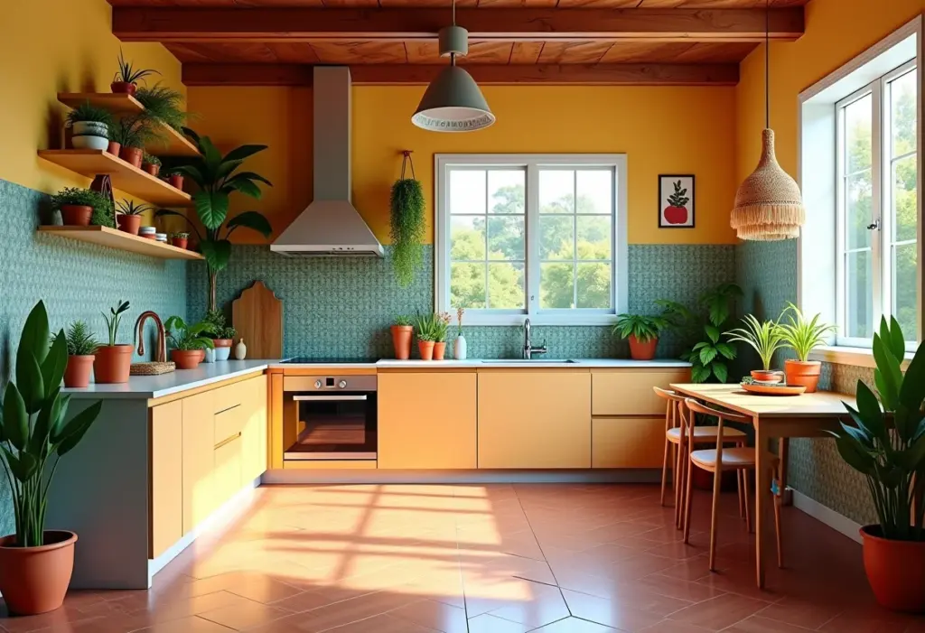 Cozinha Decorada com Papel de Parede: É Lavável? Cozinha moderna com papel de parede lavável e decoração Farm Rio.