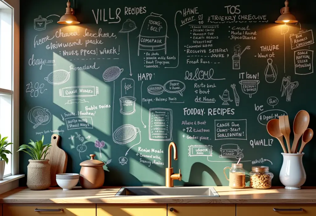 Cozinha moderna com parede lousa e desenhos coloridos.