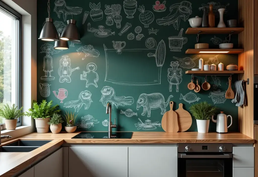 Cozinha moderna com parede lousa e desenhos coloridos