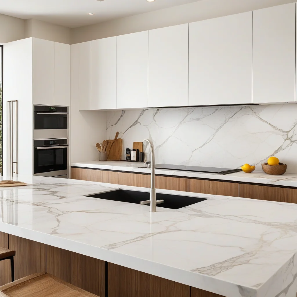 Cozinha moderna com porcelanato Calacatta nas bancadas e backsplash.