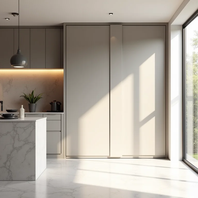 Cozinha moderna com porta de correr, design clean e minimalista.