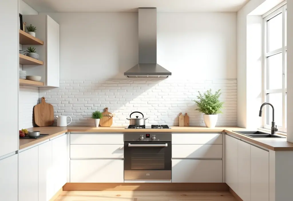 Cozinha decorada com tijolinho branco: o guia definitivo +50 fotos Cozinha moderna com revestimento de tijolinho branco