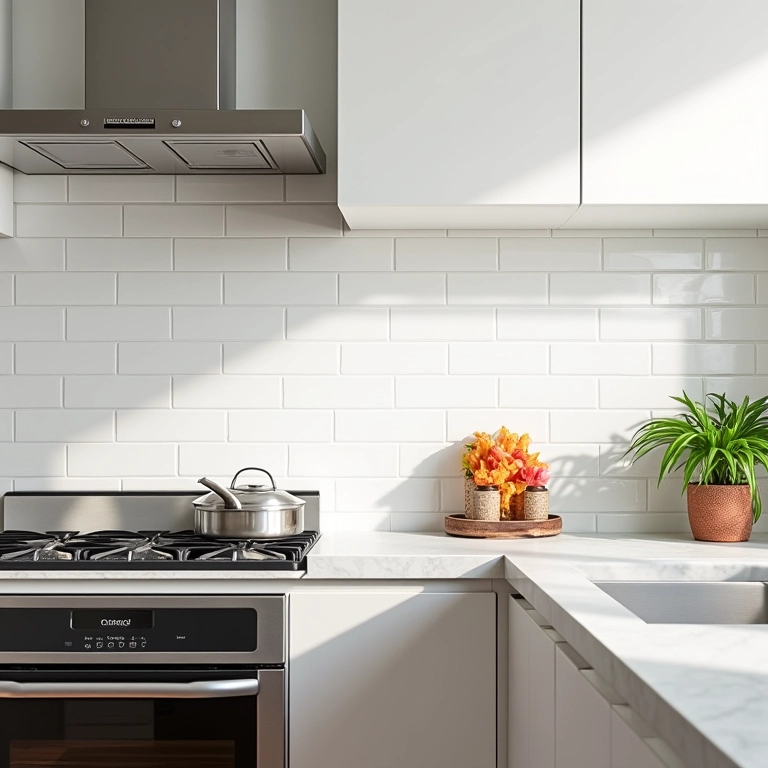 Cozinha moderna com revestimento Metrô White e decoração brasileira vibrante.