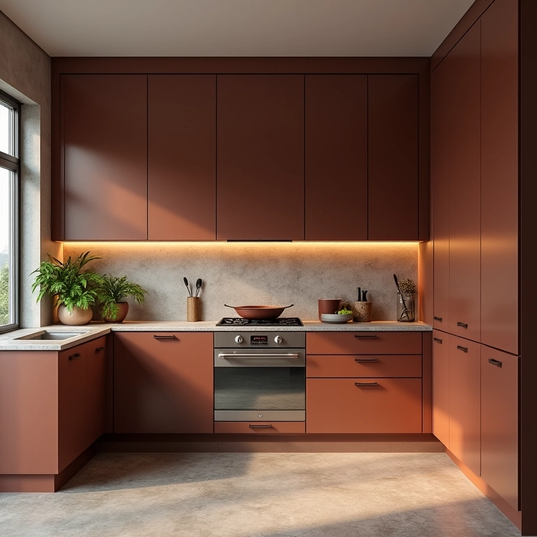 Cozinha moderna com tons terrosos e armários elegantes.