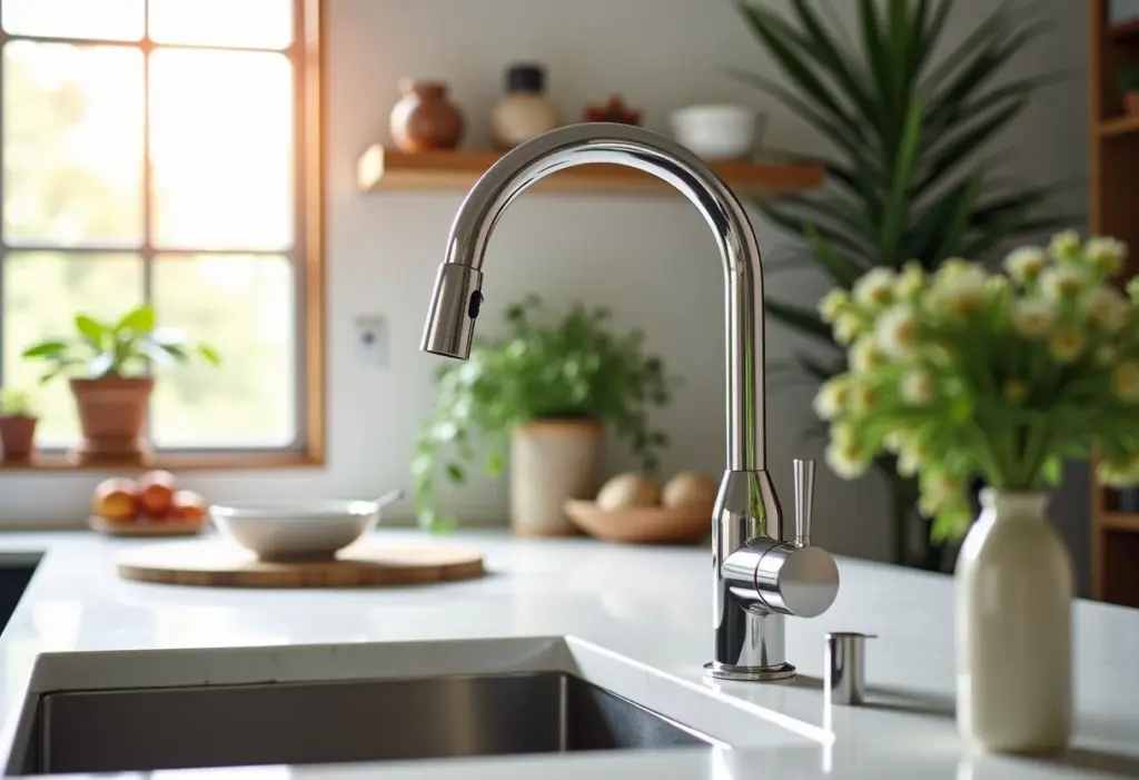 Cozinha moderna com torneira filtro integrada, estilo Farm Rio.