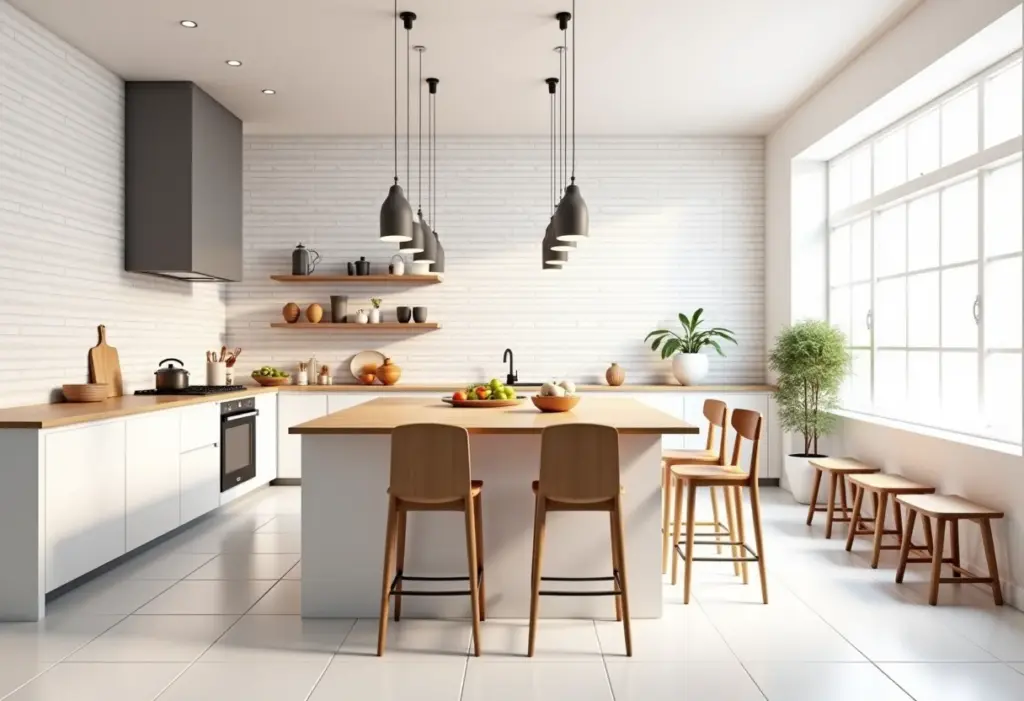 Cozinha decorada com tijolinho branco: o charme que sua casa merece Cozinha moderna e espaçosa com revestimento de tijolinho branco