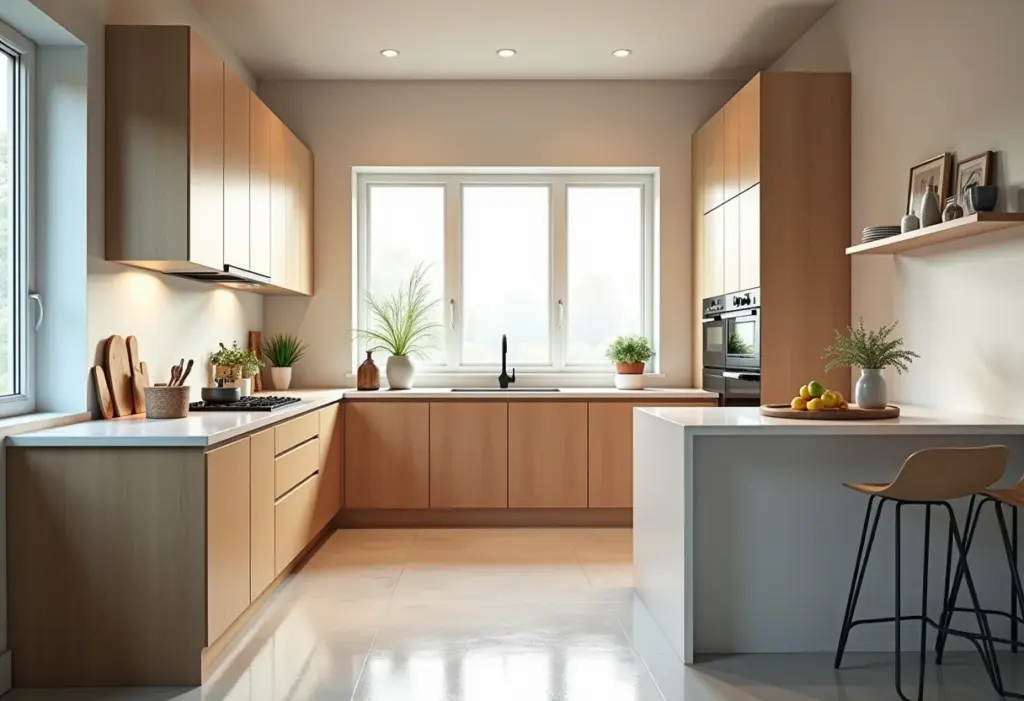 Cozinha moderna exibindo armários de MDF e MDP, com leve umidade.