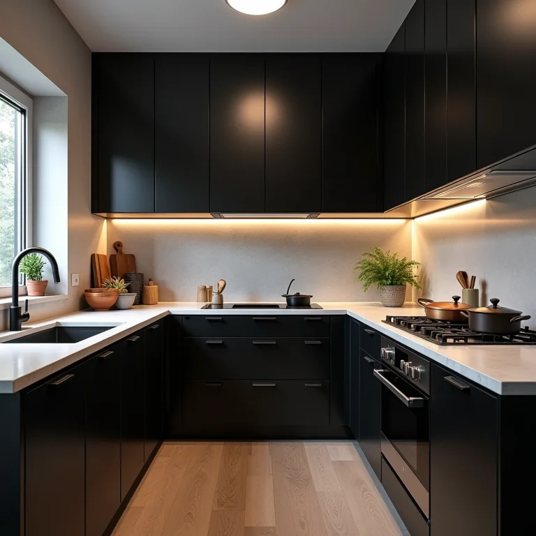 Cozinha muito pequena com armários pretos, mostrando o desequilíbrio espacial e a sensação de aperto.